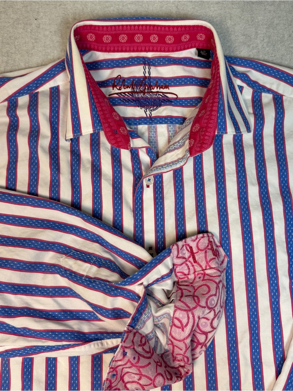 Robert Graham White Shirt with Blue and Pink Stripe Accents